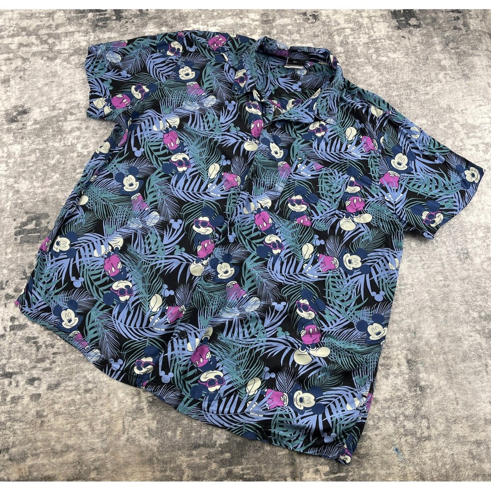 Disney Mickey Mouse‎ Hawaiian Shirt 2XL Blue Purple Tropical Floral Rayon AOP